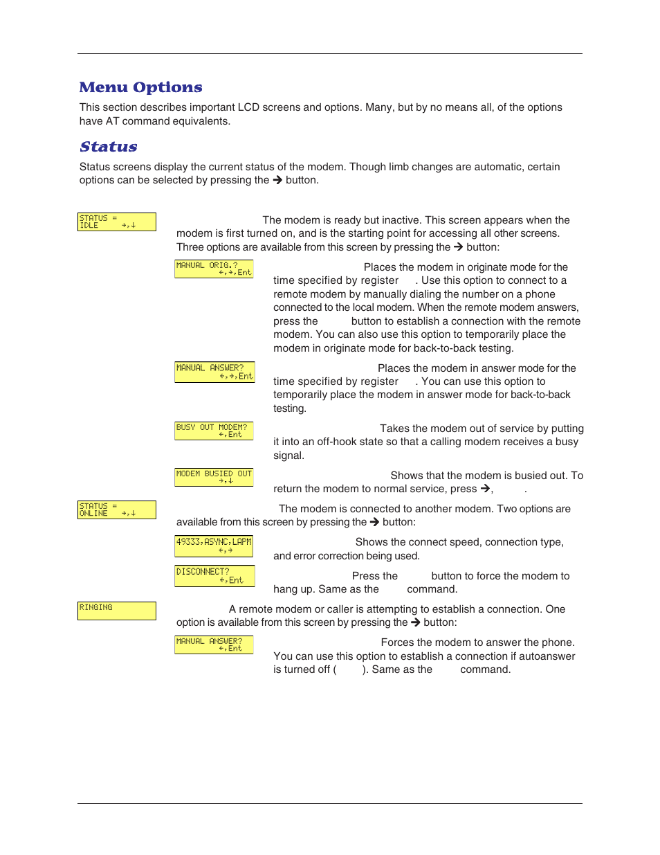Menu options, Status, Menu options status | Menu opt | Multitech MT5600BA User Manual | Page 22 / 62