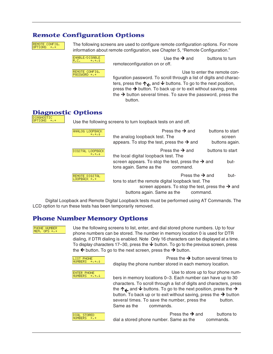 Remote configuration options, Diagnostic options, Phone number memory options | Diag | Multitech MT5600BA User Manual | Page 27 / 62