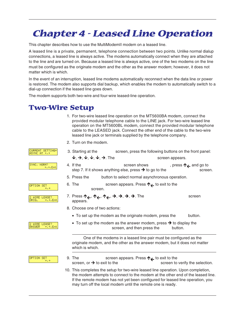 Chapter 4 - leased line operation, Two-wire setup | Multitech MT5600BA User Manual | Page 29 / 62