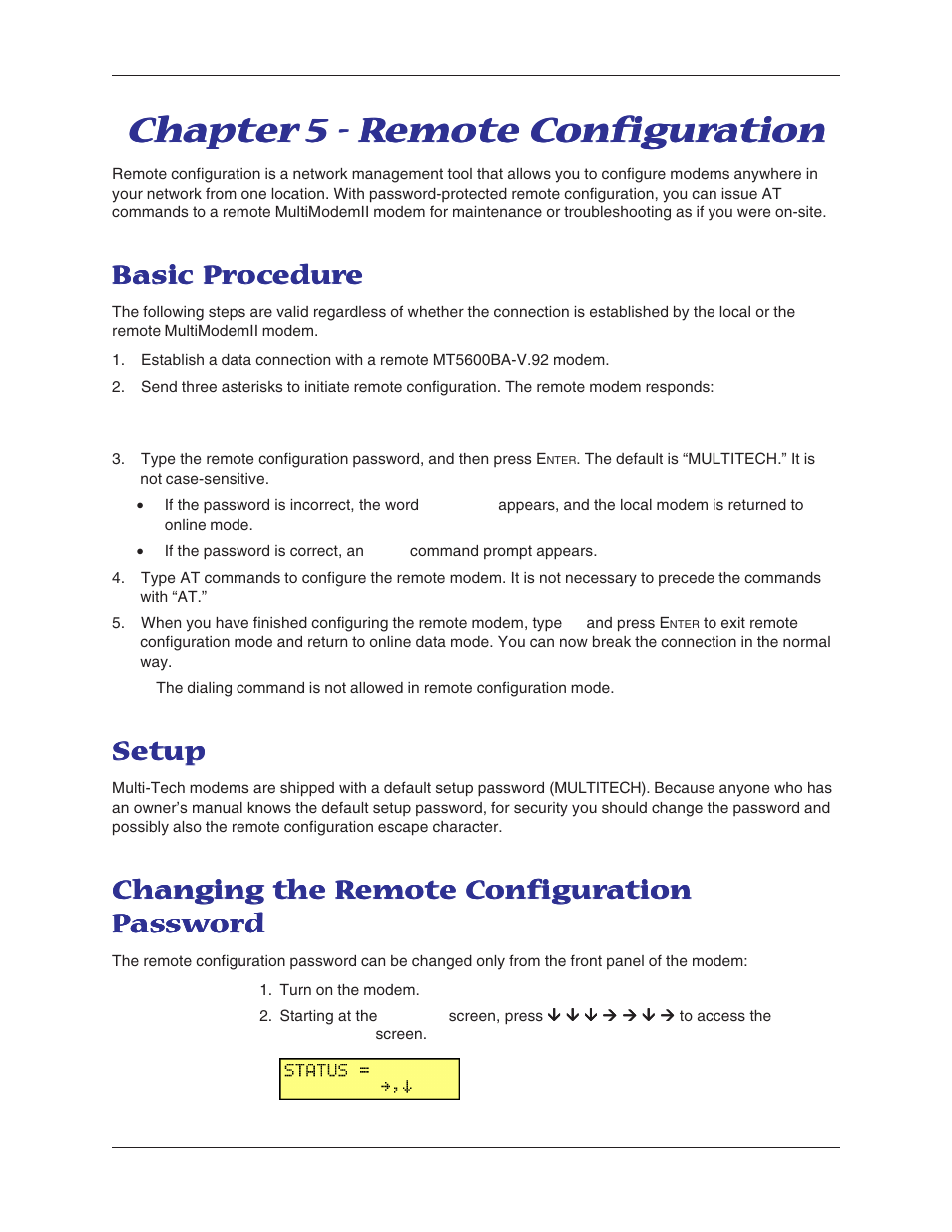 Chapter 5 - remote configuration, Basic procedure, Setup | Changing the remote configuration password | Multitech MT5600BA User Manual | Page 33 / 62