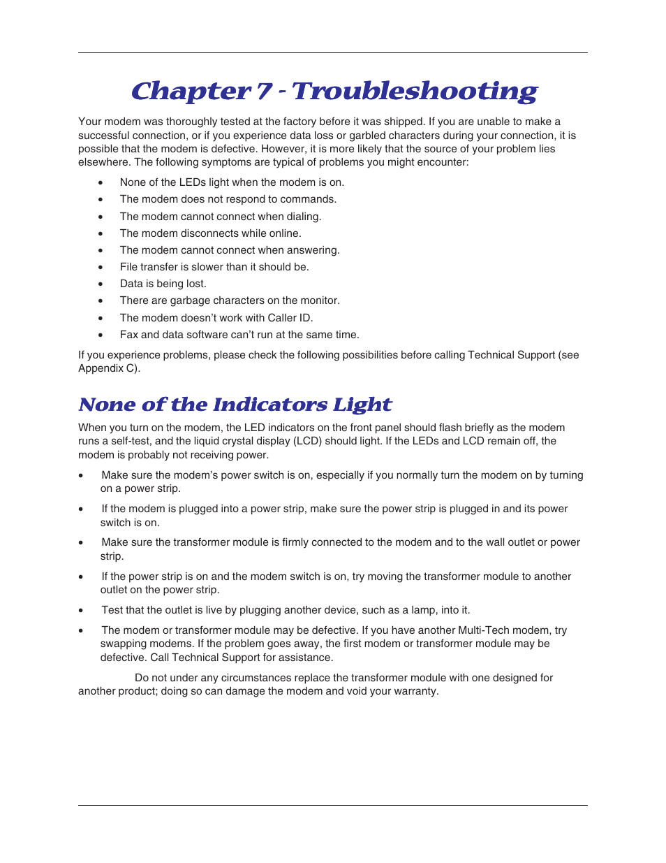 Chapter 7 - troubleshooting, None of the indicators light | Multitech MT5600BA User Manual | Page 41 / 62