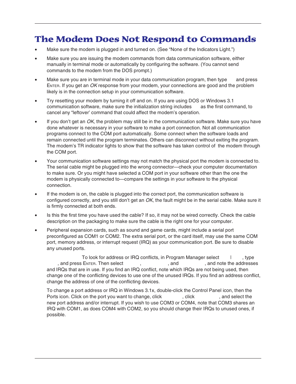 The modem does not respond to commands | Multitech MT5600BA User Manual | Page 42 / 62