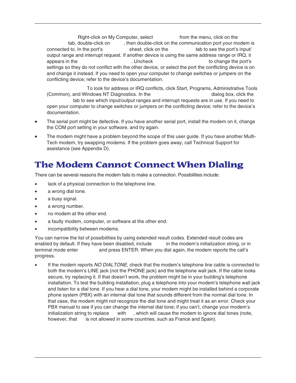 The modem cannot connect when dialing | Multitech MT5600BA User Manual | Page 43 / 62