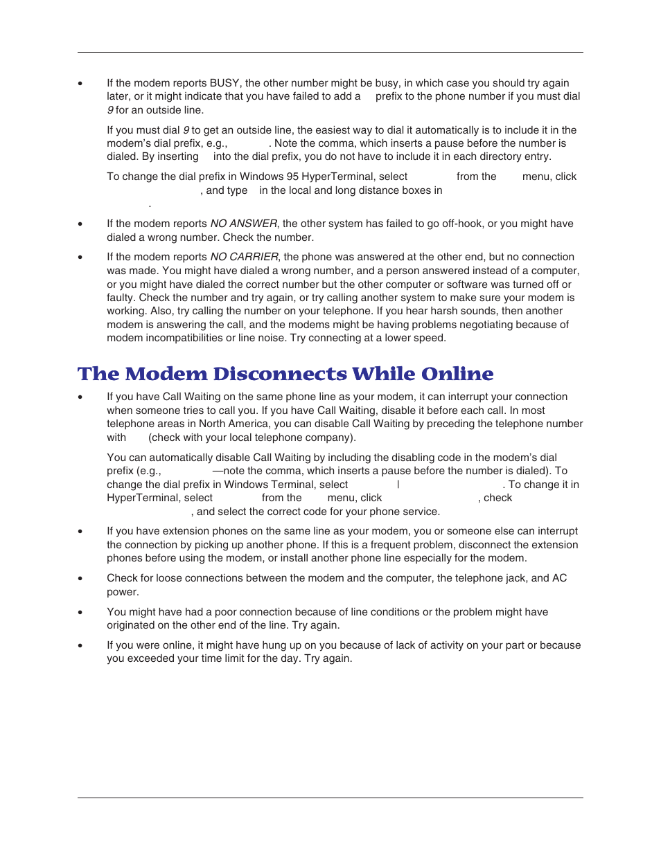 The modem disconnects while online | Multitech MT5600BA User Manual | Page 44 / 62