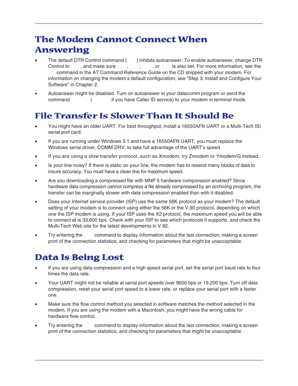 The modem cannot connect when answering, File transfer is slower than it should be, Data is being lost | File | Multitech MT5600BA User Manual | Page 45 / 62