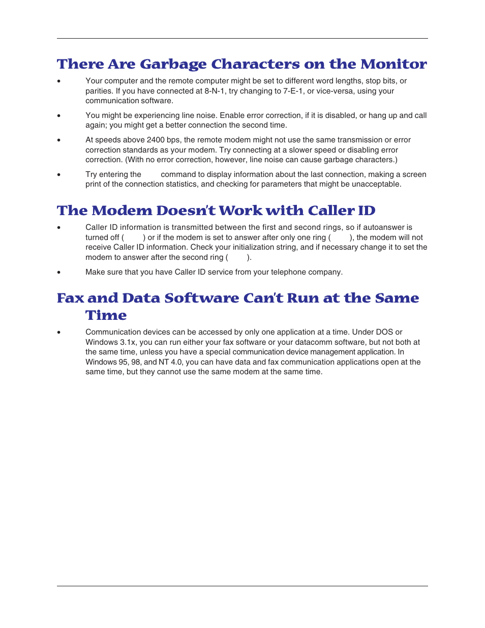 There are garbage characters on the monitor, The modem doesn't work with caller id, Fax and data software can't run at the same time | Multitech MT5600BA User Manual | Page 46 / 62