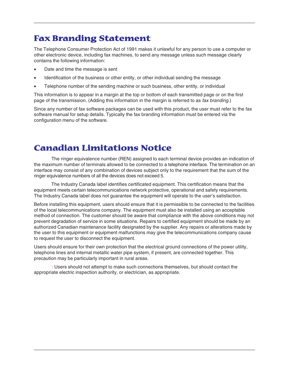 Fax branding statement, Canadian limitations notice, Fax branding statement canadian limitations notice | Cana | Multitech MT5600BA User Manual | Page 48 / 62