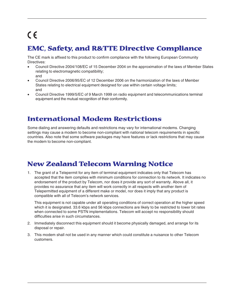 Emc, safety, and r&tte directive compliance, International modem restrictions, New zealand telecom warning notice | Multitech MT5600BA User Manual | Page 49 / 62