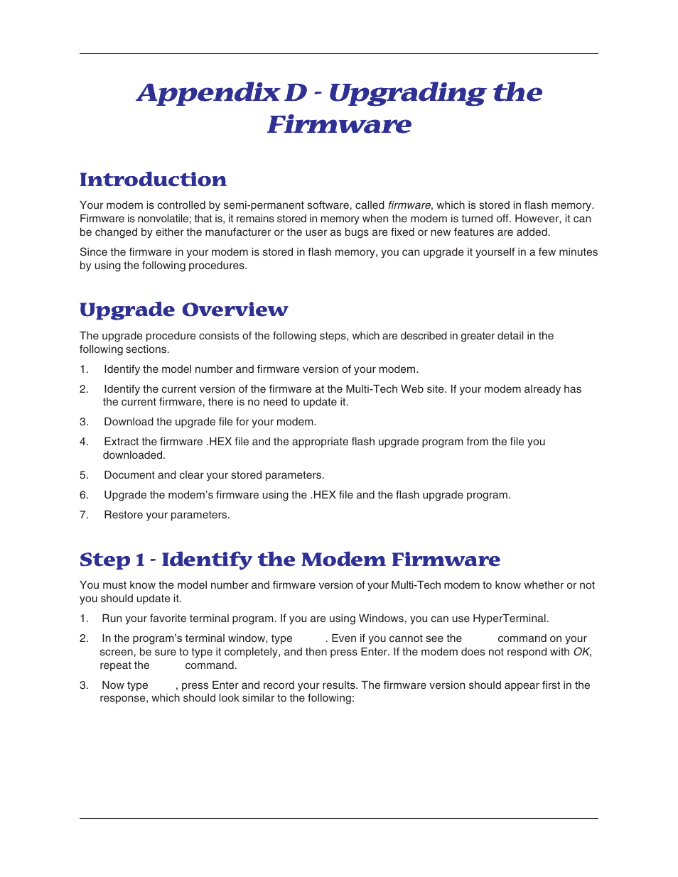 Appendix d - upgrading the firmware, Introduction, Upgrade overview | Step 1 - identify the modem firmware, Appendix d - installing a modem under linux, Appendix | Multitech MT5600BA User Manual | Page 53 / 62