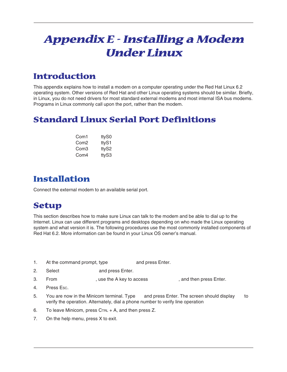 Appendix e - installing a modem under linux, Introduction, Standard linux serial port definitions | Installation, Setup, Rs-232 cable pinouts leased line pinouts, Index, Appendix | Multitech MT5600BA User Manual | Page 56 / 62