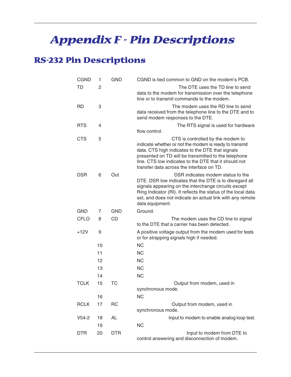 Appendix f - pin descriptions, Rs-232 pin descriptions | Multitech MT5600BA User Manual | Page 58 / 62
