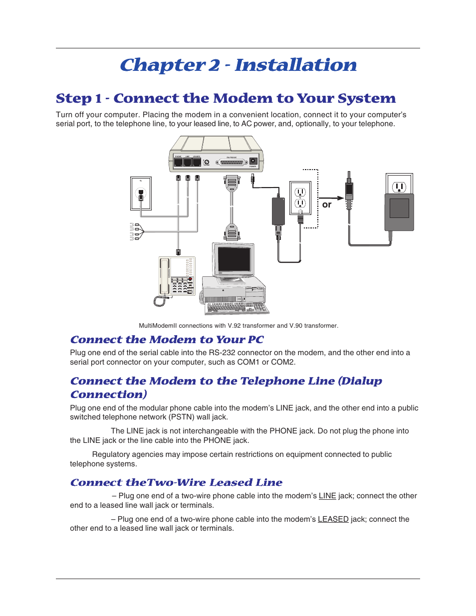 Chapter 2 - installation, Step 1 - connect the modem to your system, Step 1 - c | Multitech MT5600BA User Manual | Page 7 / 62