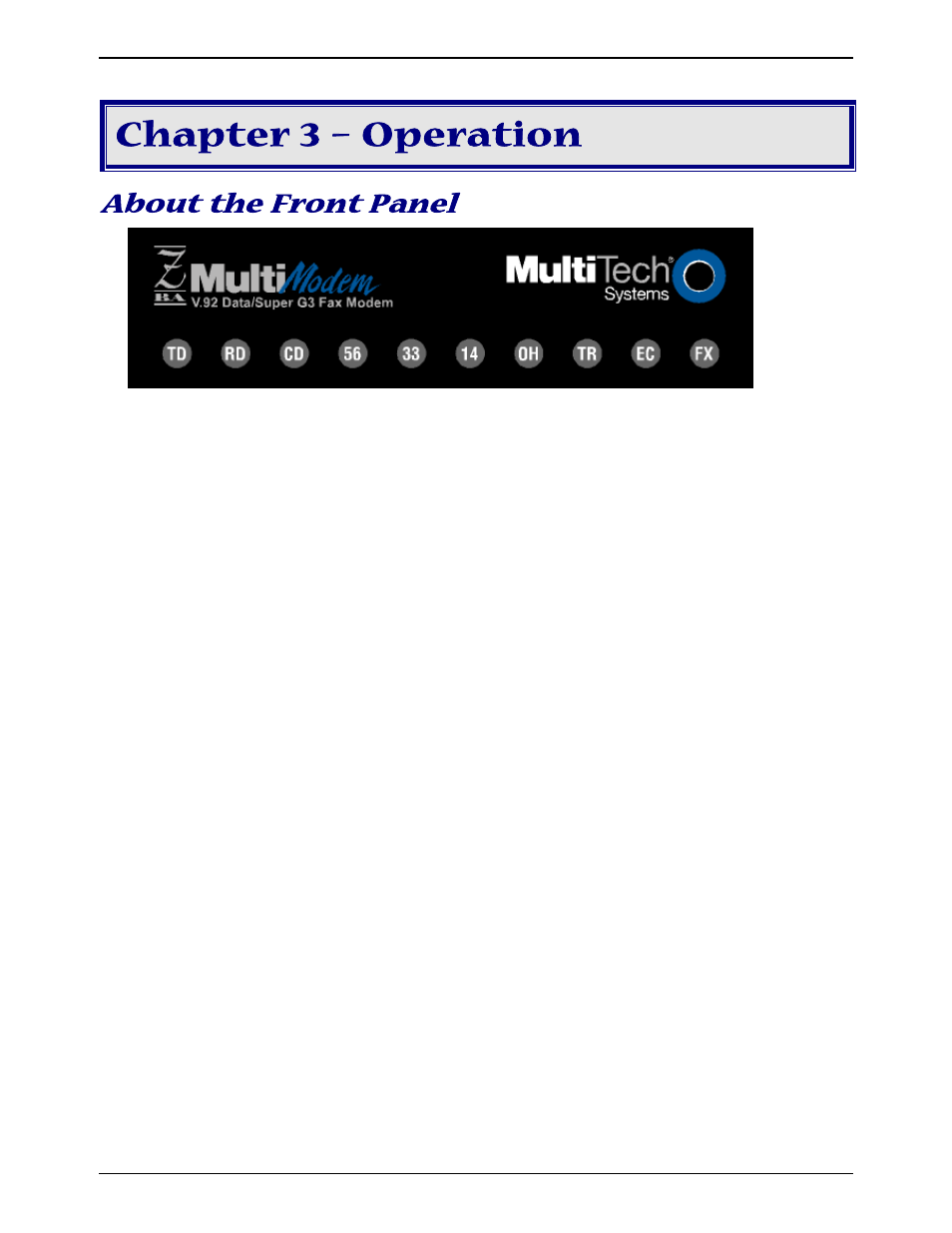 Chapter 3 – operation, About the front panel | Multitech MT5634ZBA-SERIES User Manual | Page 14 / 41