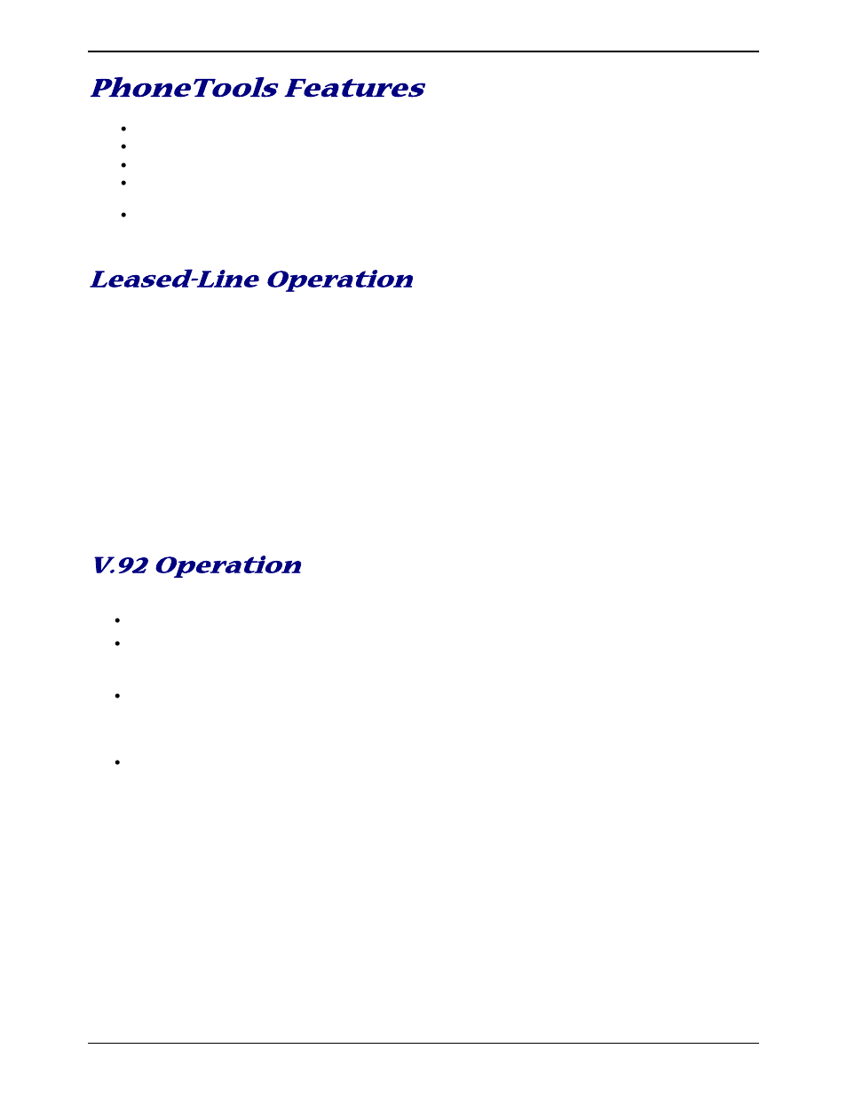 Phonetools features, Leased-line operation, V.92 operation | Setup | Multitech MT5634ZBA-SERIES User Manual | Page 15 / 41