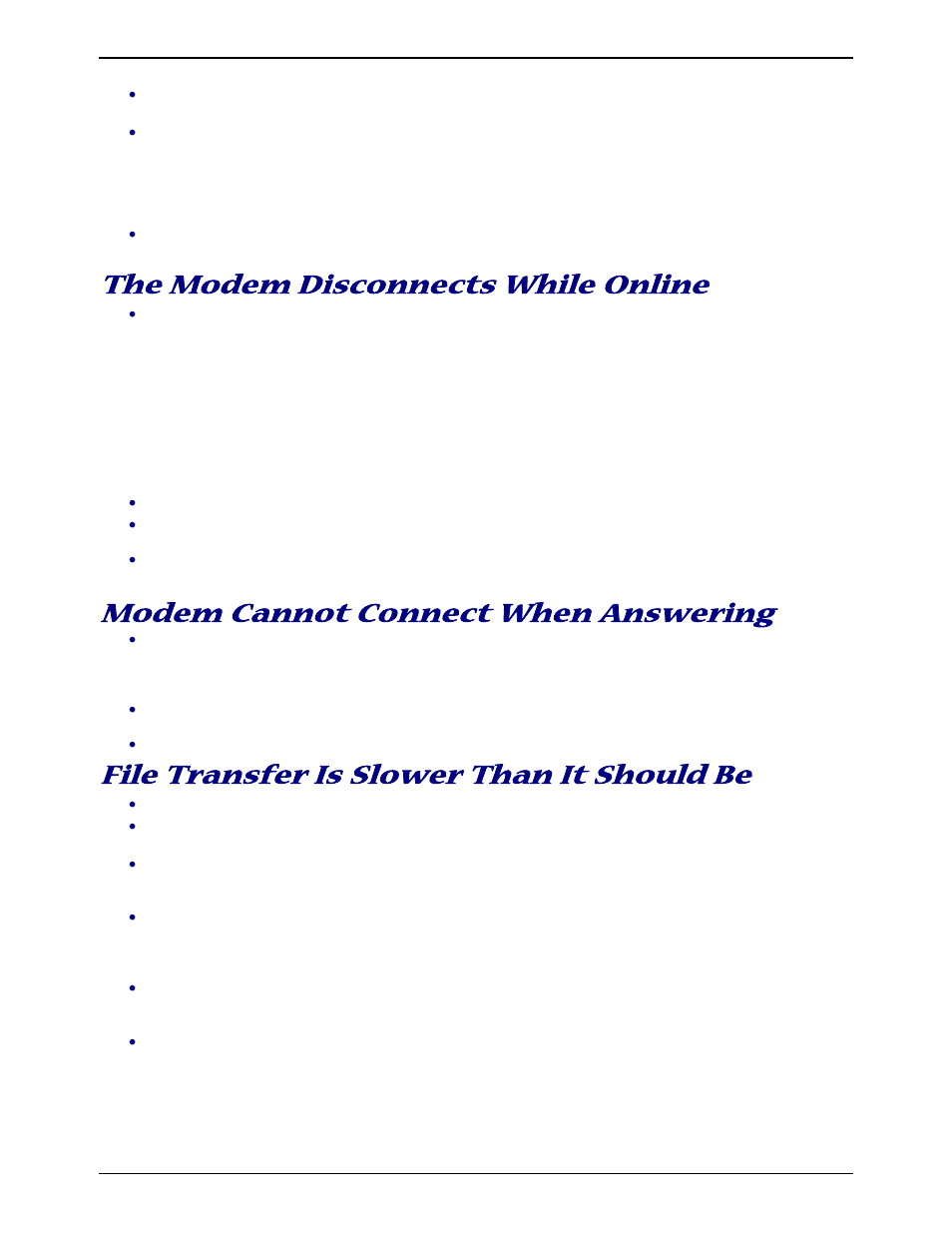 The modem disconnects while online, Modem cannot connect when answering, File transfer is slower than it should be | Multitech MT5634ZBA-SERIES User Manual | Page 26 / 41