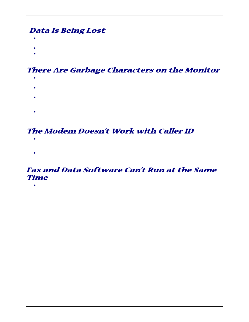 Data is being lost, There are garbage characters on the monitor, The modem doesn’t work with caller id | Fax and data software can’t run at the same time | Multitech MT5634ZBA-SERIES User Manual | Page 27 / 41