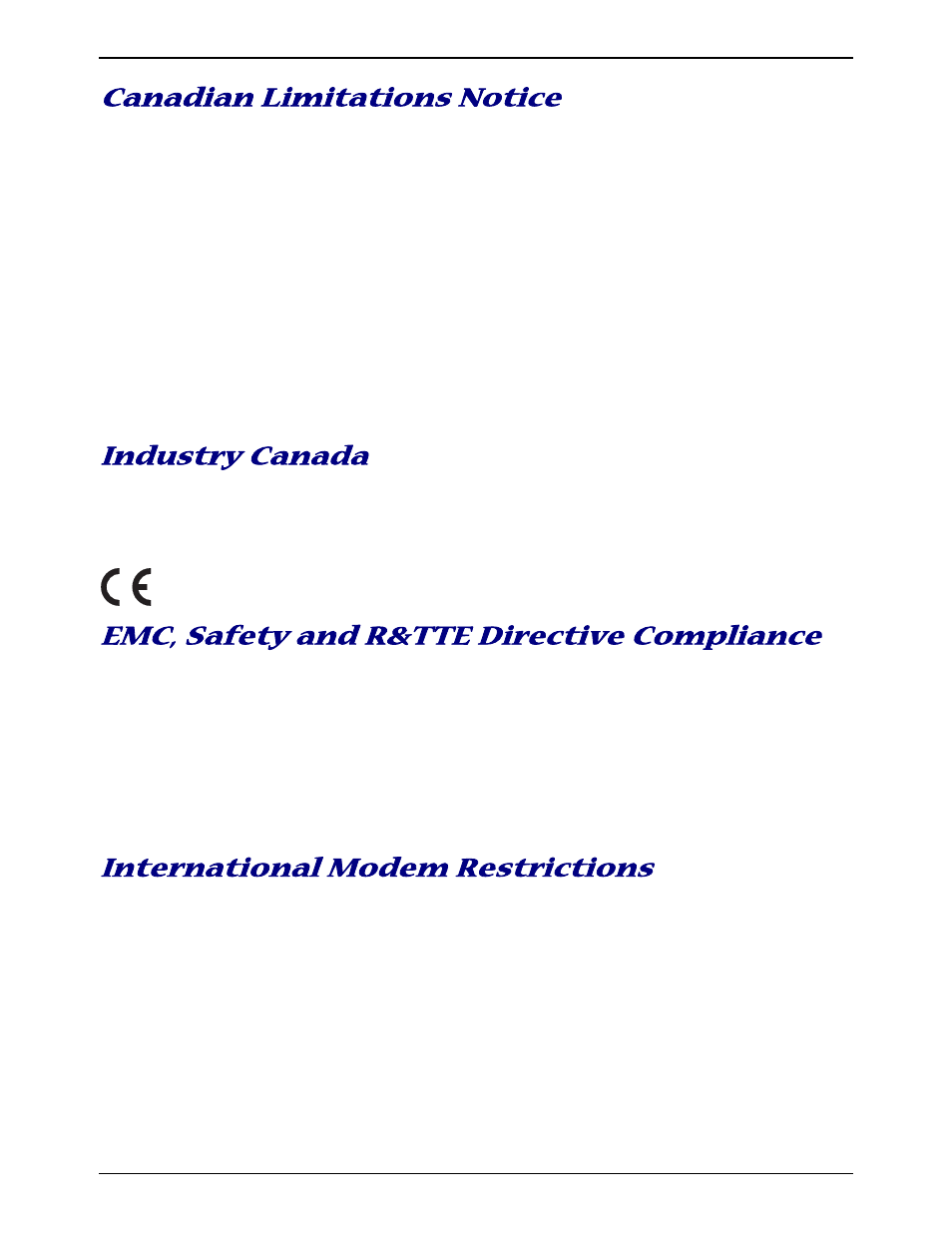 Canadian limitations notice, Industry canada, Emc, safety and r&tte directive compliance | International modem restrictions | Multitech MT5634ZBA-SERIES User Manual | Page 33 / 41