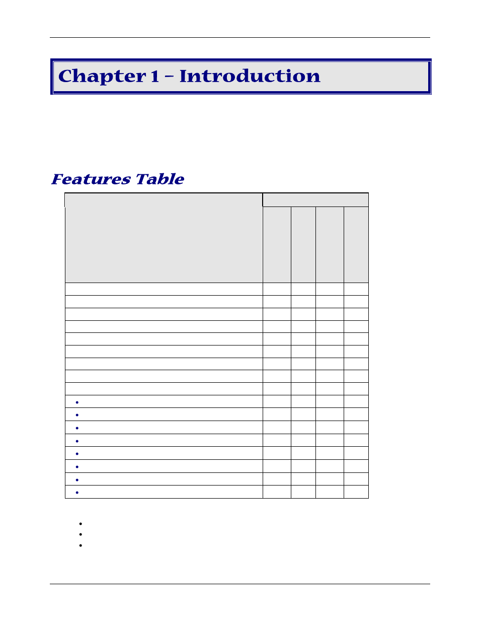 Chapter 1 – introduction, Features table | Multitech MT5634ZBA-SERIES User Manual | Page 5 / 41