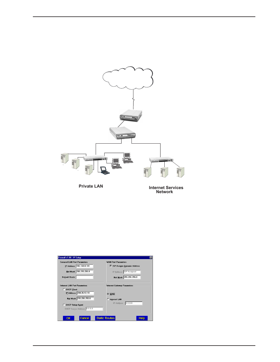 Configuration 3 - new dual-lan with t1 dsu, 27 chapter 4 - firewall software, Private lan internet services network | Multitech PROXYSERVER MTPSR1-120 User Manual | Page 27 / 60