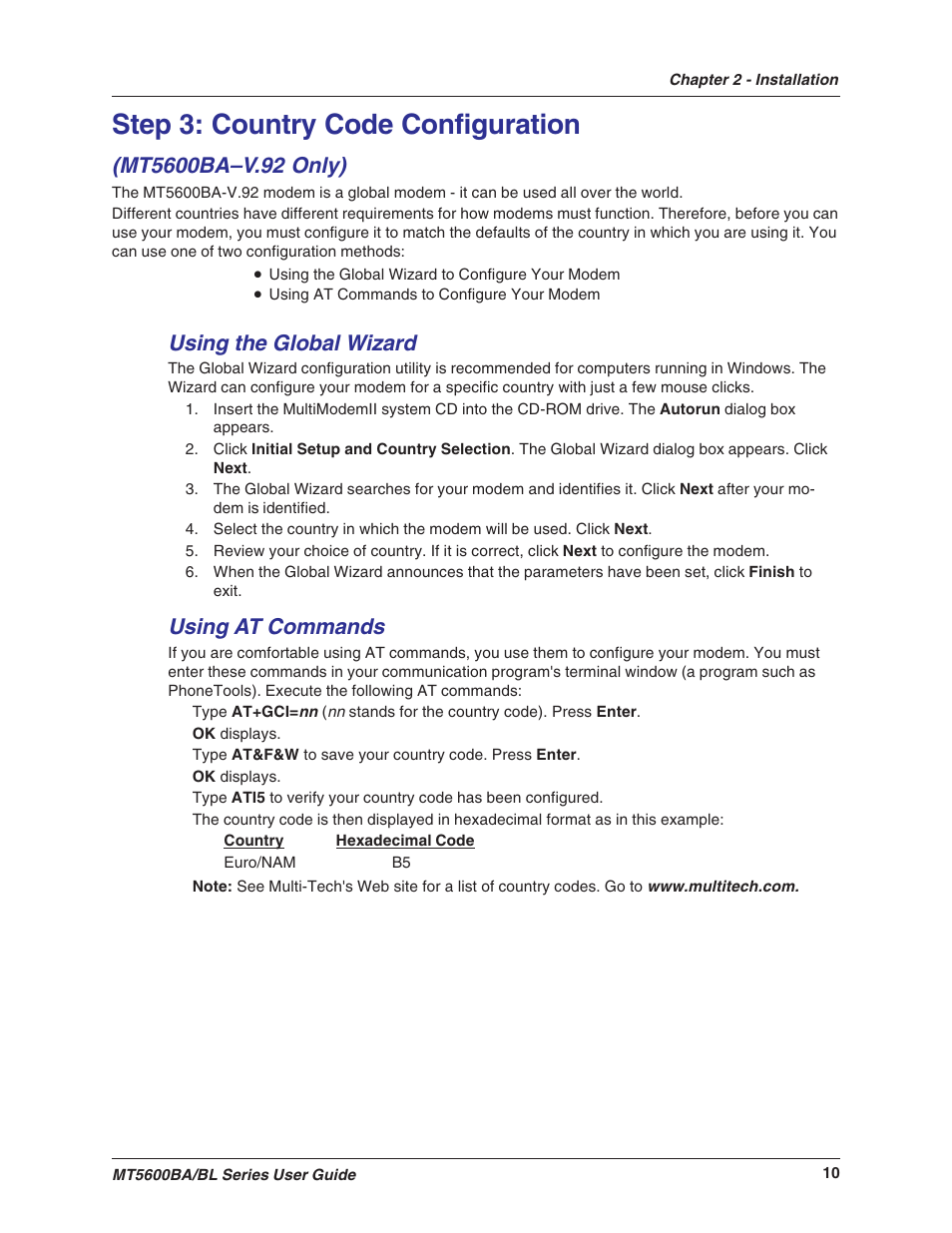 Step 3: country code configuration, Using the global wizard, Using at commands | Multitech MULTIMODEMII MT5600BAV.90 User Manual | Page 10 / 66