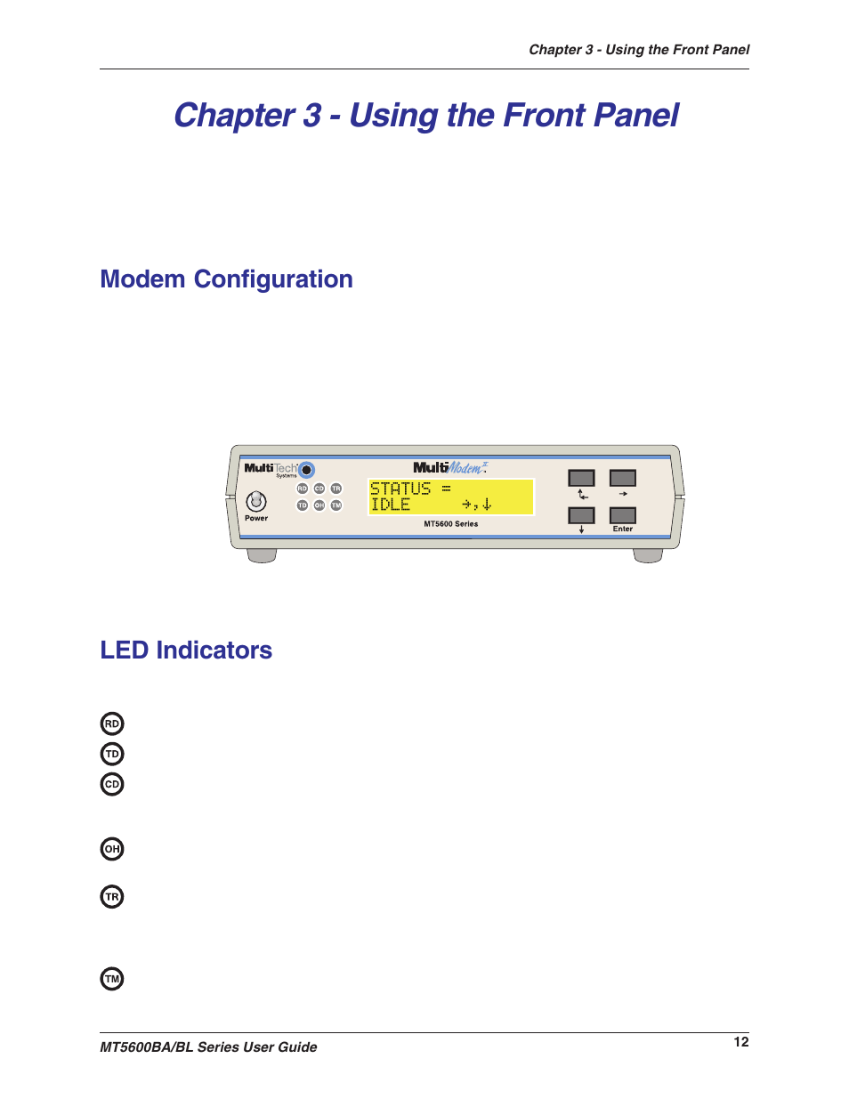Chapter 3 - using the front panel, Modem configuration, Led indicators | Modem configuration led indicators | Multitech MULTIMODEMII MT5600BAV.90 User Manual | Page 12 / 66