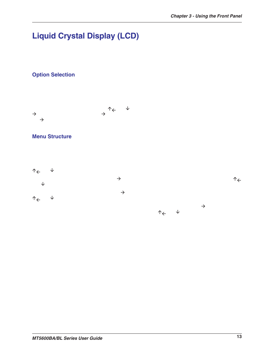 Liquid crystal display (lcd), Option selection, Menu structure | Option selection menu structure | Multitech MULTIMODEMII MT5600BAV.90 User Manual | Page 13 / 66