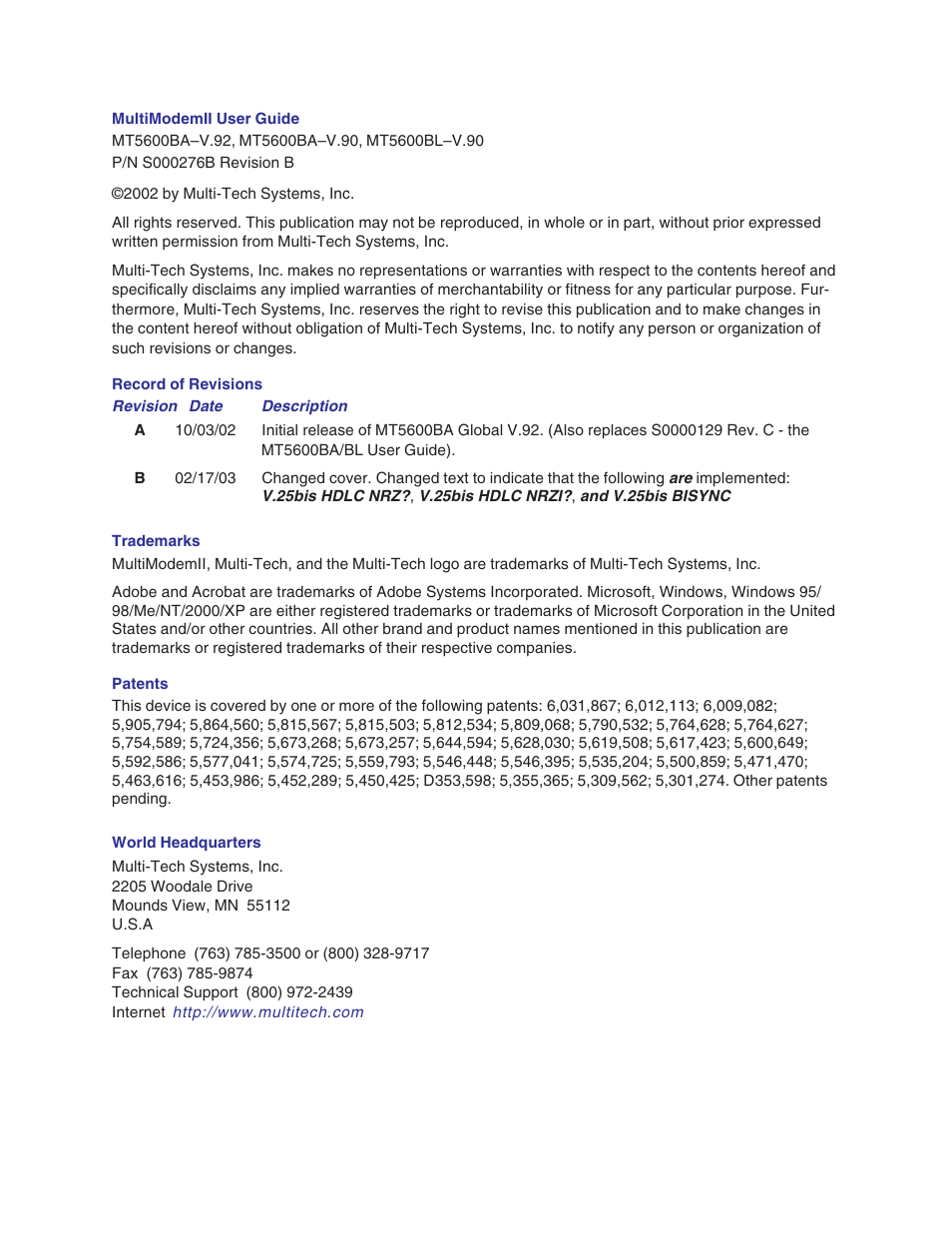 Multitech MULTIMODEMII MT5600BAV.90 User Manual | Page 2 / 66