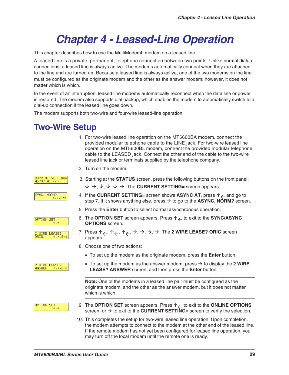 Chapter 4 - leased-line operation, Two-wire setup | Multitech MULTIMODEMII MT5600BAV.90 User Manual | Page 29 / 66