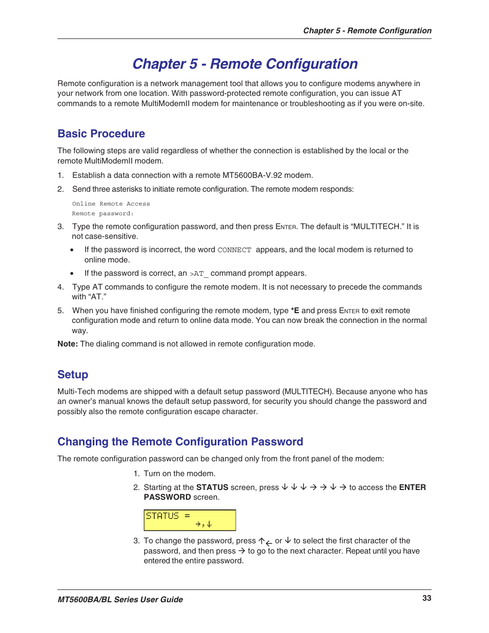 Chapter 5 - remote configuration, Basic procedure, Setup | Changing the remote configuration password | Multitech MULTIMODEMII MT5600BAV.90 User Manual | Page 33 / 66