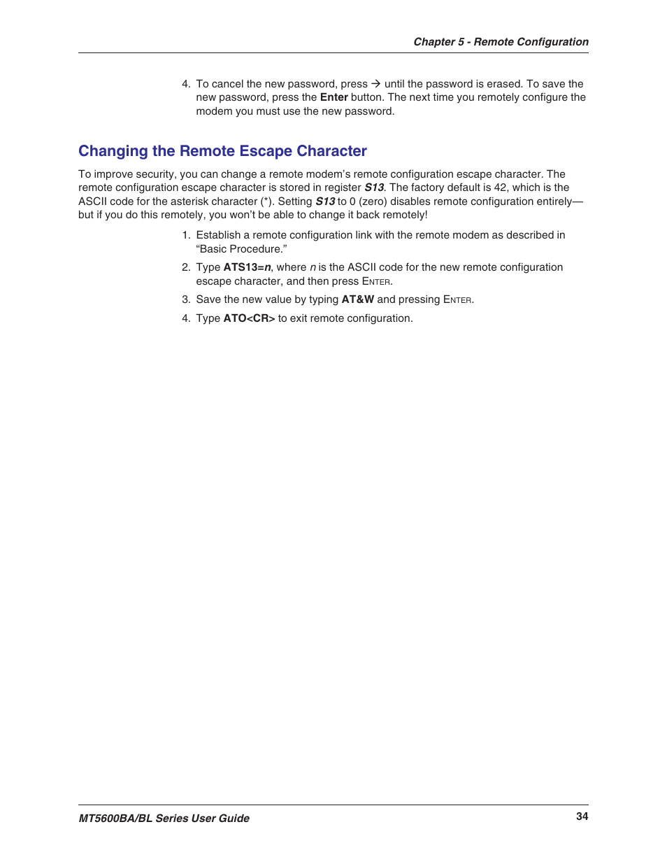 Changing the remote escape character | Multitech MULTIMODEMII MT5600BAV.90 User Manual | Page 34 / 66