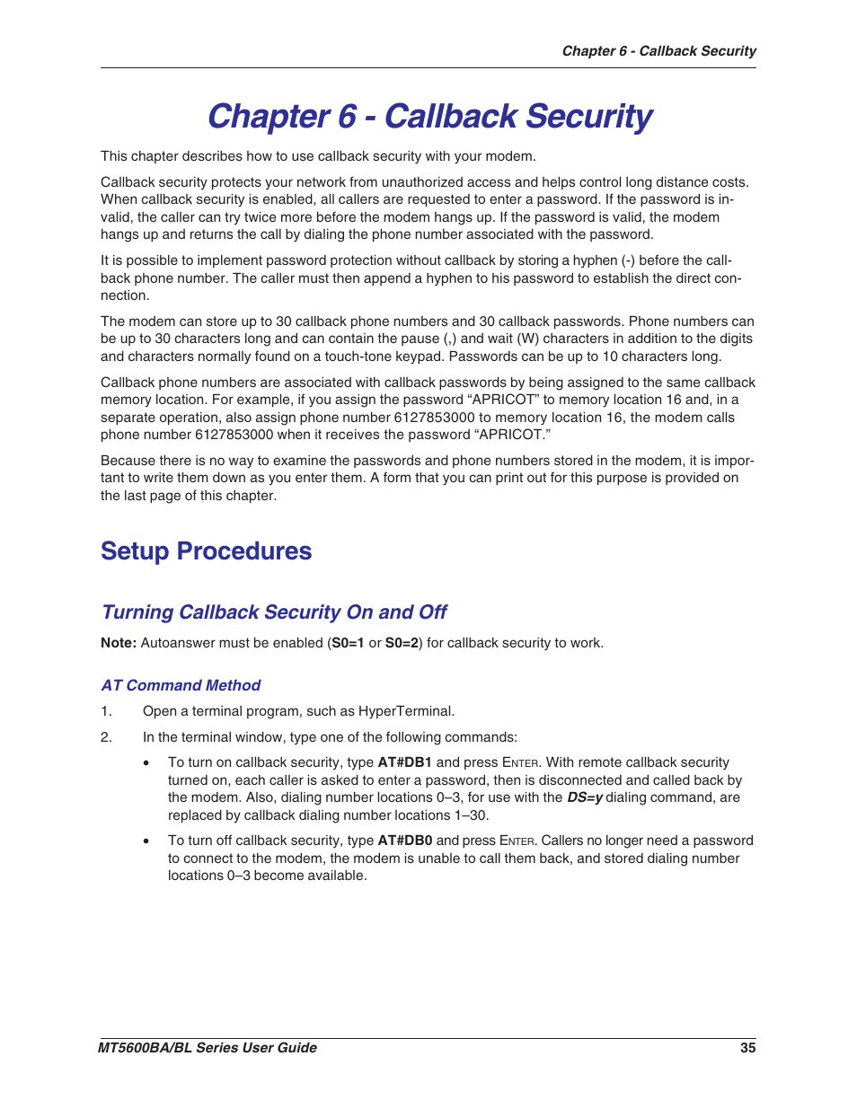 Chapter 6 - callback security, Setup procedures, Turning callback security on and off | Multitech MULTIMODEMII MT5600BAV.90 User Manual | Page 35 / 66
