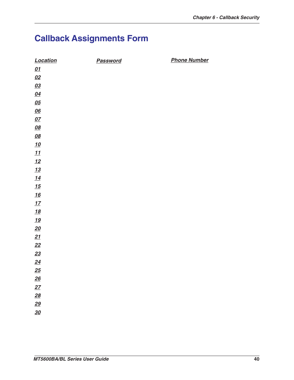 Callback assignments form | Multitech MULTIMODEMII MT5600BAV.90 User Manual | Page 40 / 66