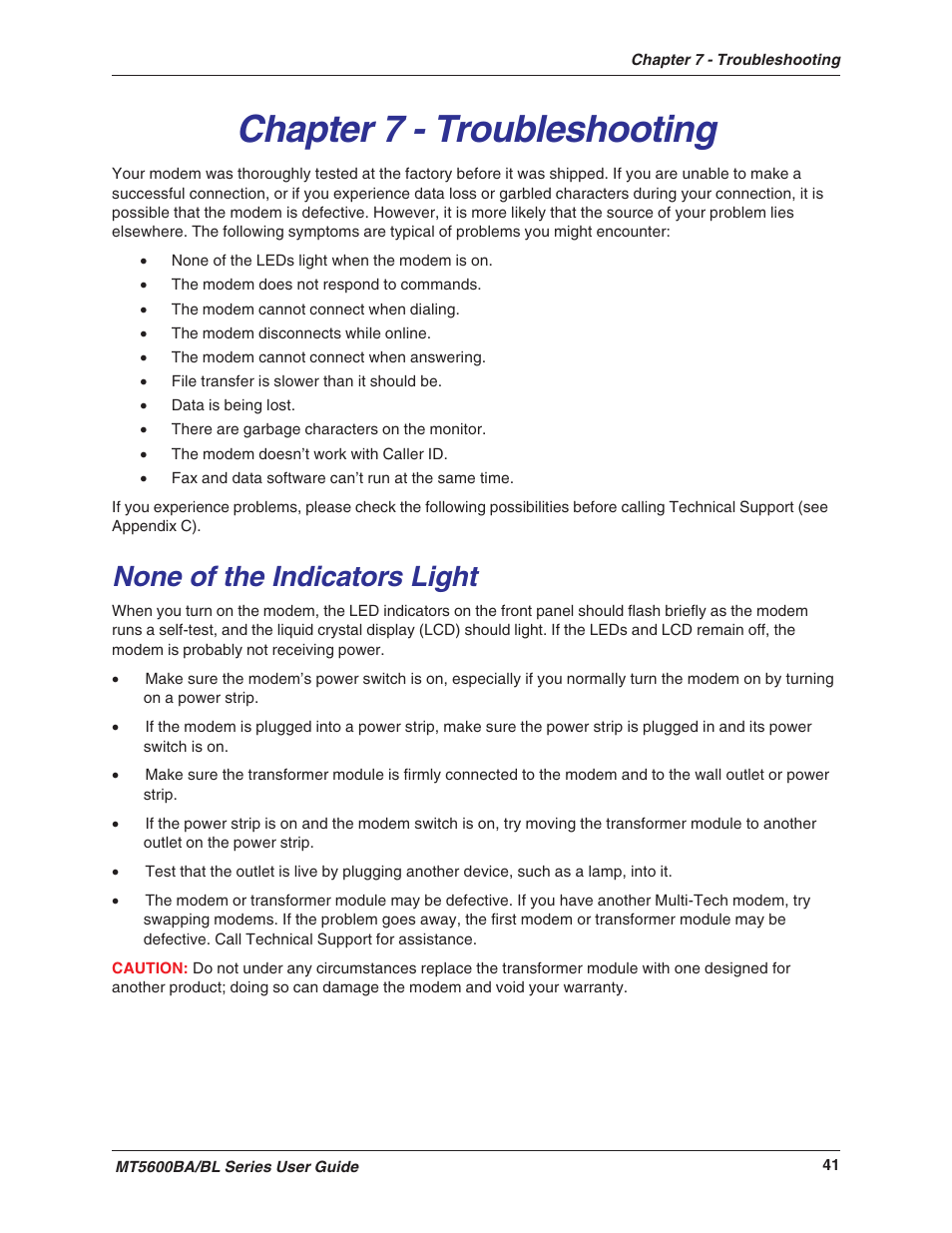 Chapter 7 - troubleshooting, None of the indicators light | Multitech MULTIMODEMII MT5600BAV.90 User Manual | Page 41 / 66