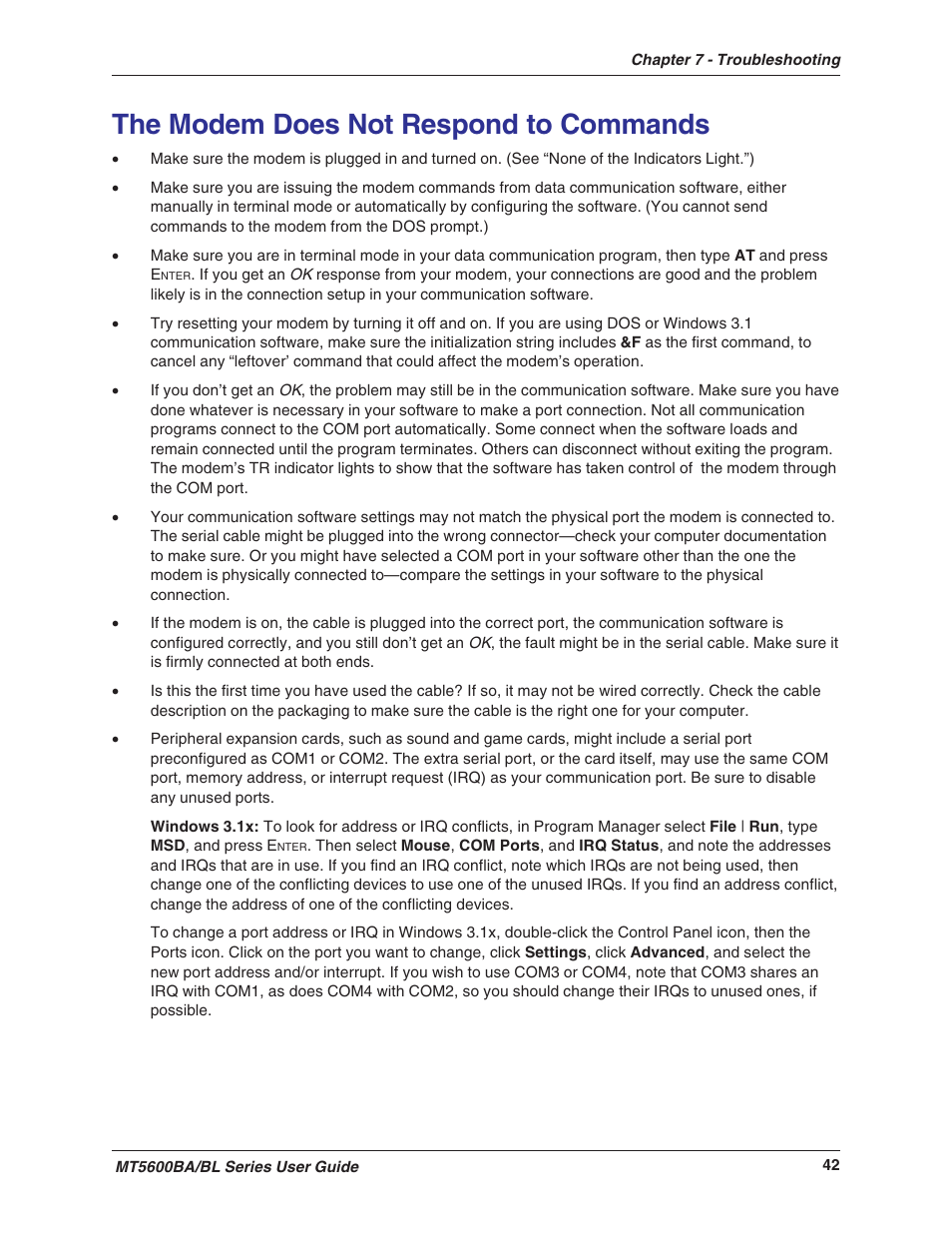 The modem does not respond to commands | Multitech MULTIMODEMII MT5600BAV.90 User Manual | Page 42 / 66