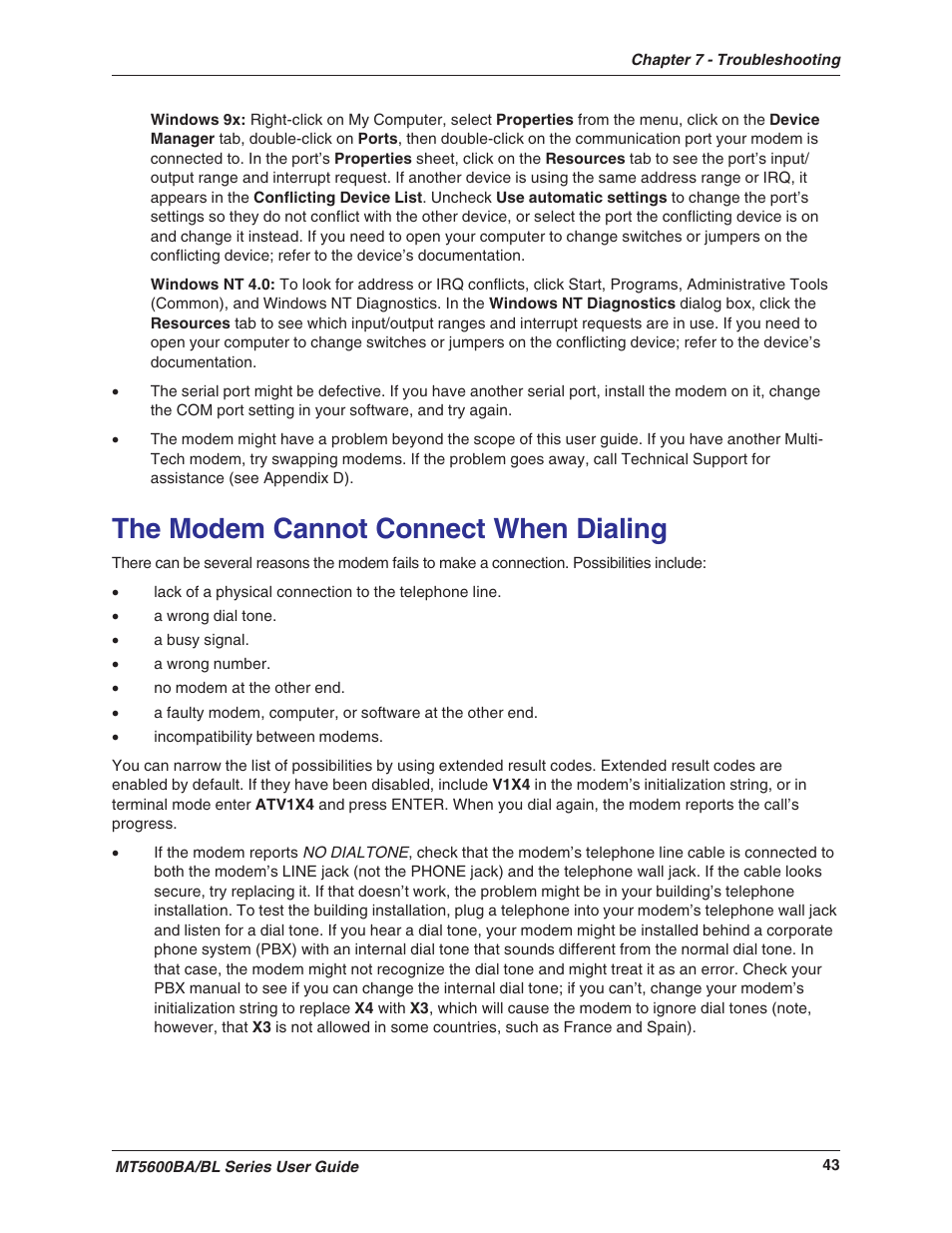 The modem cannot connect when dialing | Multitech MULTIMODEMII MT5600BAV.90 User Manual | Page 43 / 66