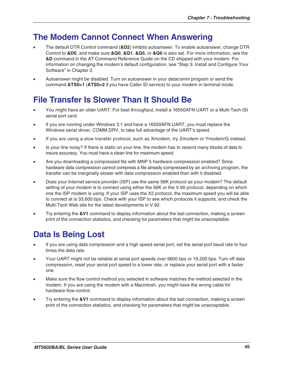The modem cannot connect when answering, File transfer is slower than it should be, Data is being lost | Multitech MULTIMODEMII MT5600BAV.90 User Manual | Page 45 / 66