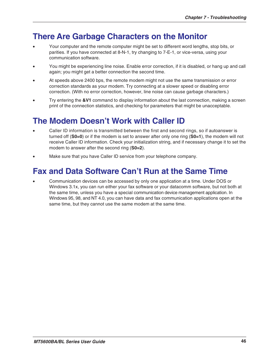 There are garbage characters on the monitor, The modem doesn't work with caller id, Fax and data software can't run at the same time | The modem doesn’t work with caller id, Fax and data software can’t run at the same time | Multitech MULTIMODEMII MT5600BAV.90 User Manual | Page 46 / 66