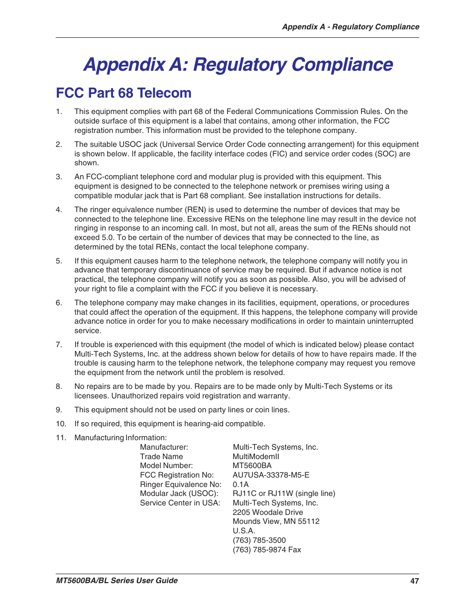 Appendix a: regulatory compliance, Fcc part 68 telecom | Multitech MULTIMODEMII MT5600BAV.90 User Manual | Page 47 / 66