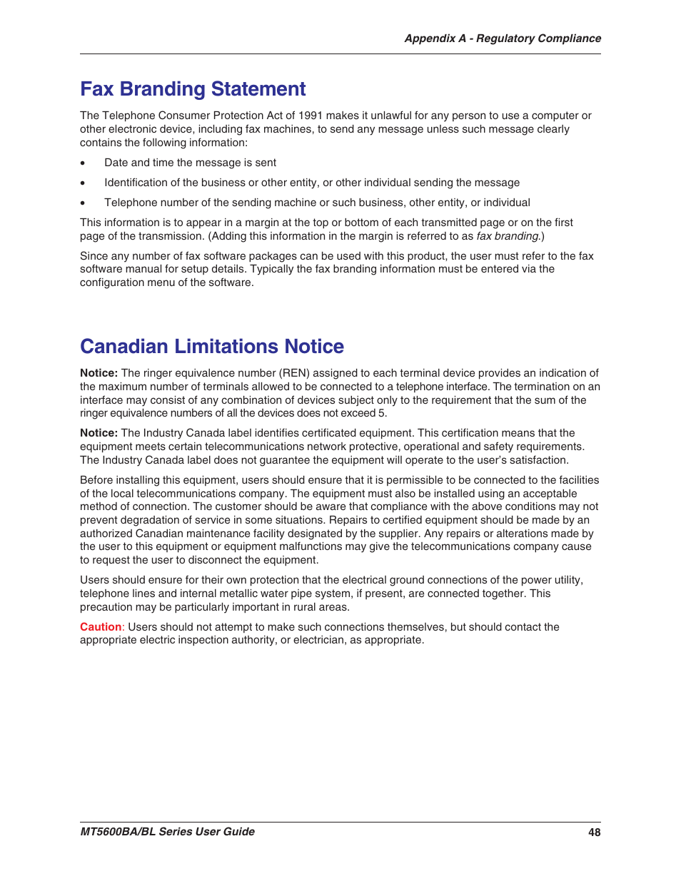 Fax branding statement, Canadian limitations notice, Fax branding statement canadian limitations notice | Multitech MULTIMODEMII MT5600BAV.90 User Manual | Page 48 / 66