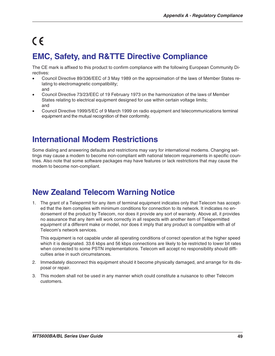 Emc, safety, and r&tte directive compliance, International modem restrictions, New zealand telecom warning notice | Multitech MULTIMODEMII MT5600BAV.90 User Manual | Page 49 / 66