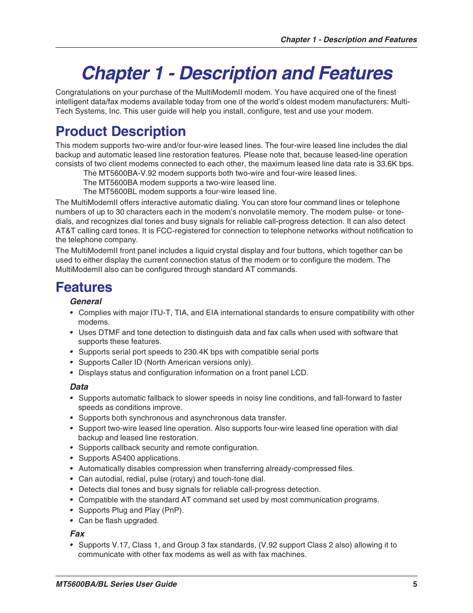 Chapter 1 - description and features, Product description, Features | Product description features | Multitech MULTIMODEMII MT5600BAV.90 User Manual | Page 5 / 66