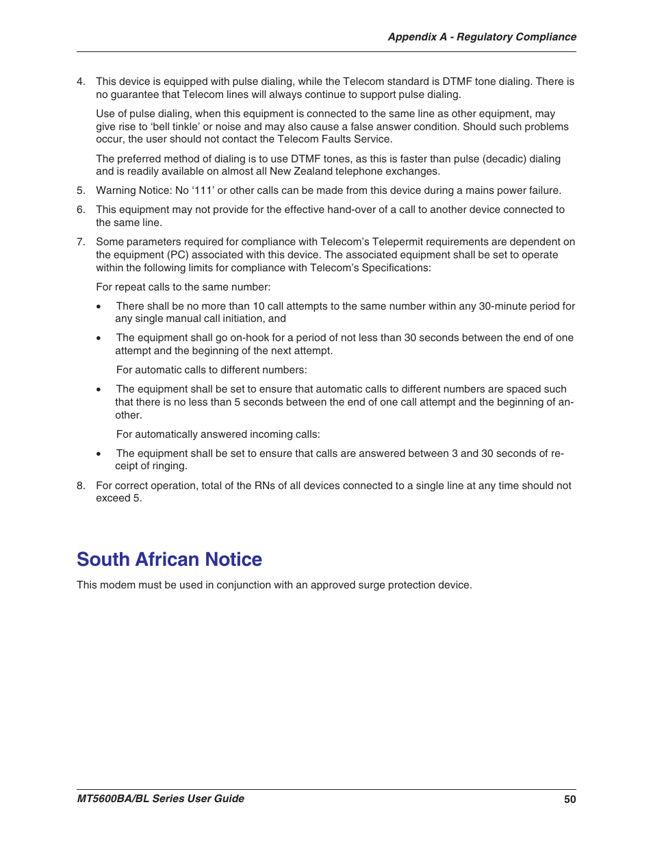 South african notice | Multitech MULTIMODEMII MT5600BAV.90 User Manual | Page 50 / 66