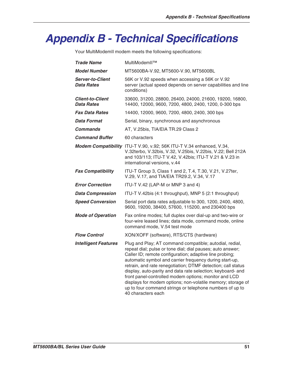 Appendix b - technical specifications | Multitech MULTIMODEMII MT5600BAV.90 User Manual | Page 51 / 66