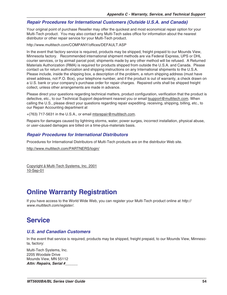Online warranty registration, Service, Online warranty registration service | Multitech MULTIMODEMII MT5600BAV.90 User Manual | Page 54 / 66