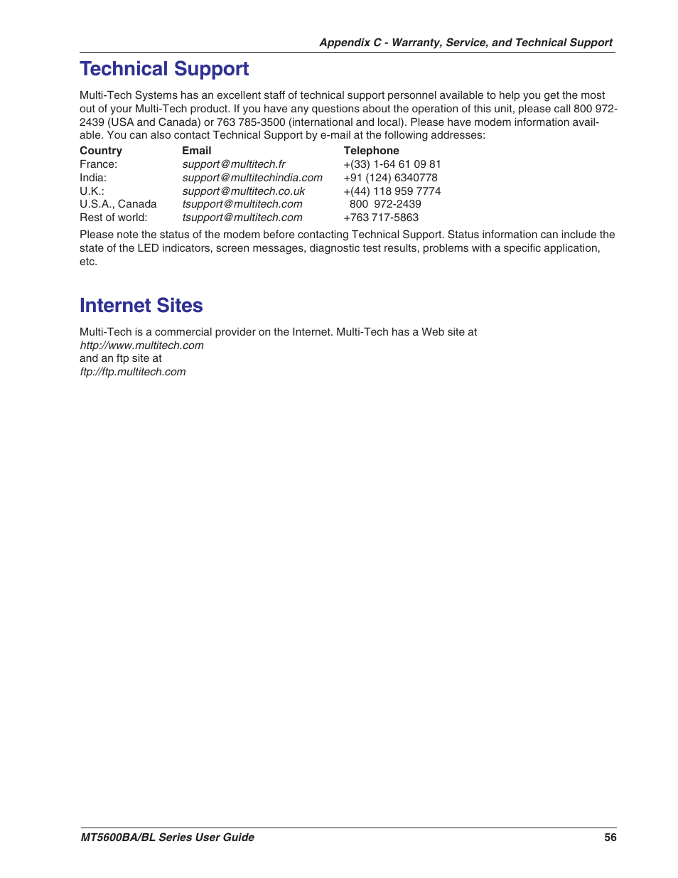 Technical support, Internet sites, Technical support internet sites | Multitech MULTIMODEMII MT5600BAV.90 User Manual | Page 56 / 66