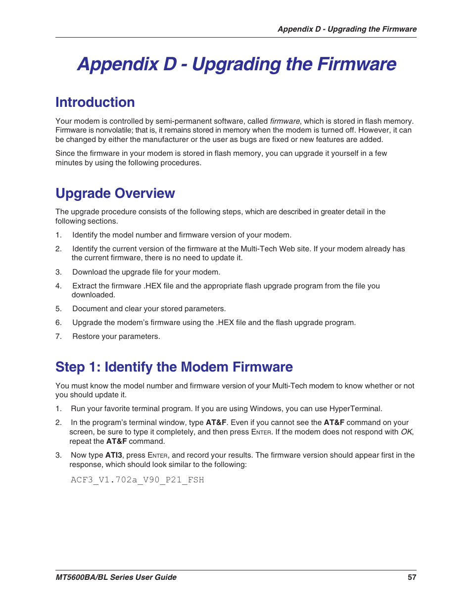 Appendix d - upgrading the firmware, Introduction, Upgrade overview | Step 1: identify the modem firmware | Multitech MULTIMODEMII MT5600BAV.90 User Manual | Page 57 / 66