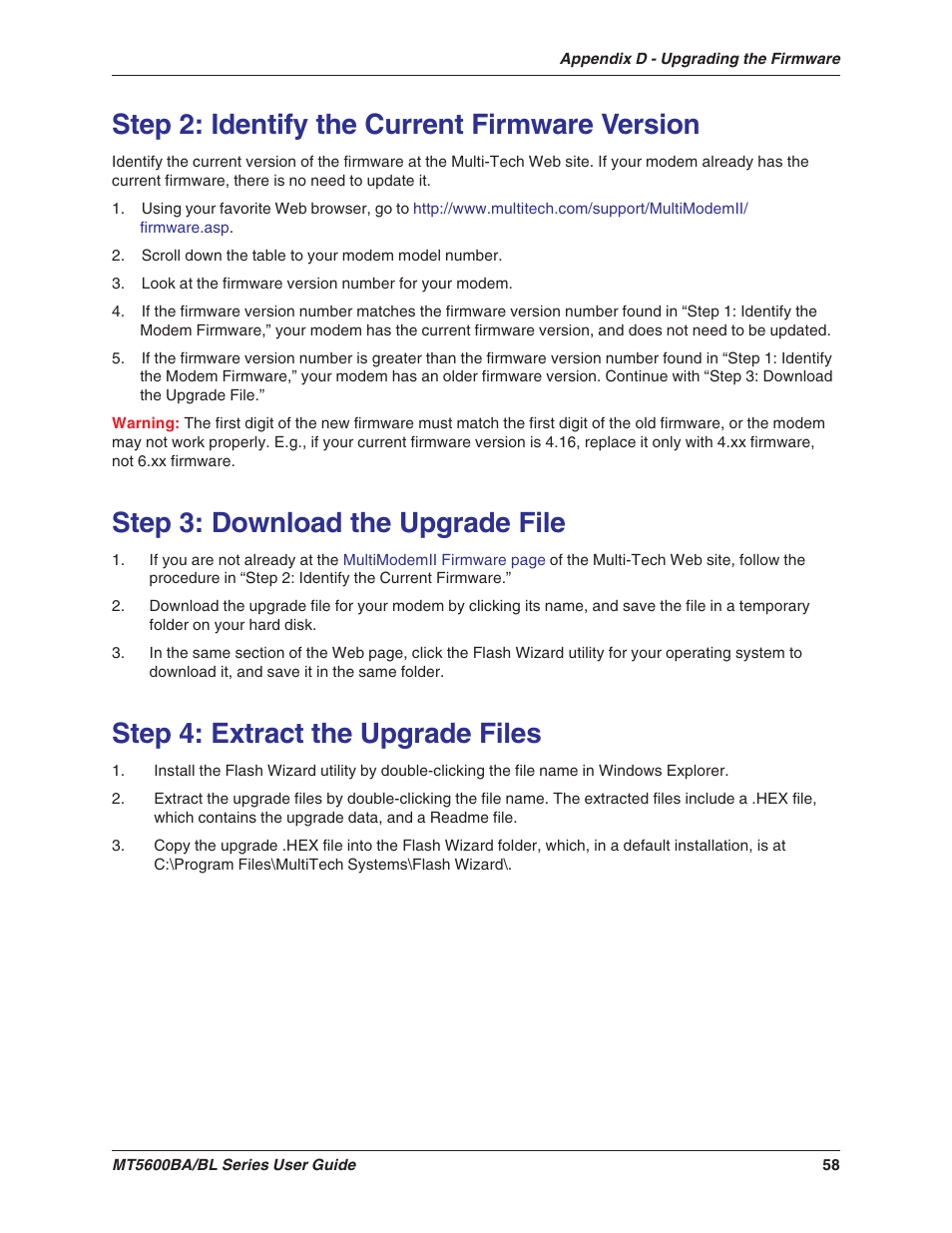 Step 2: identify the current firmware version, Step 3: download the upgrade file, Step 4: extract the upgrade files | Multitech MULTIMODEMII MT5600BAV.90 User Manual | Page 58 / 66