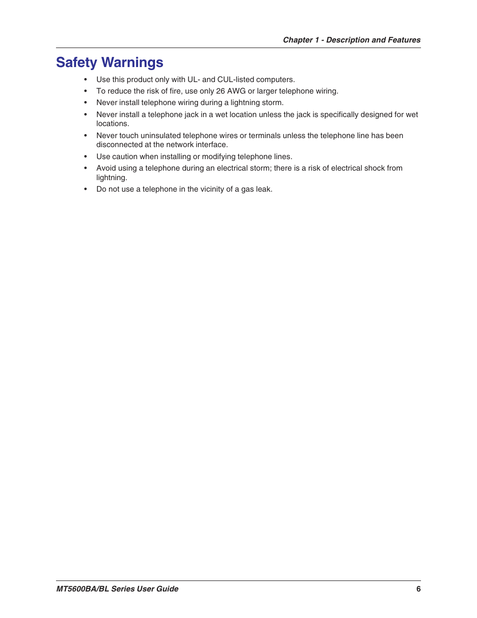 Safety warnings | Multitech MULTIMODEMII MT5600BAV.90 User Manual | Page 6 / 66