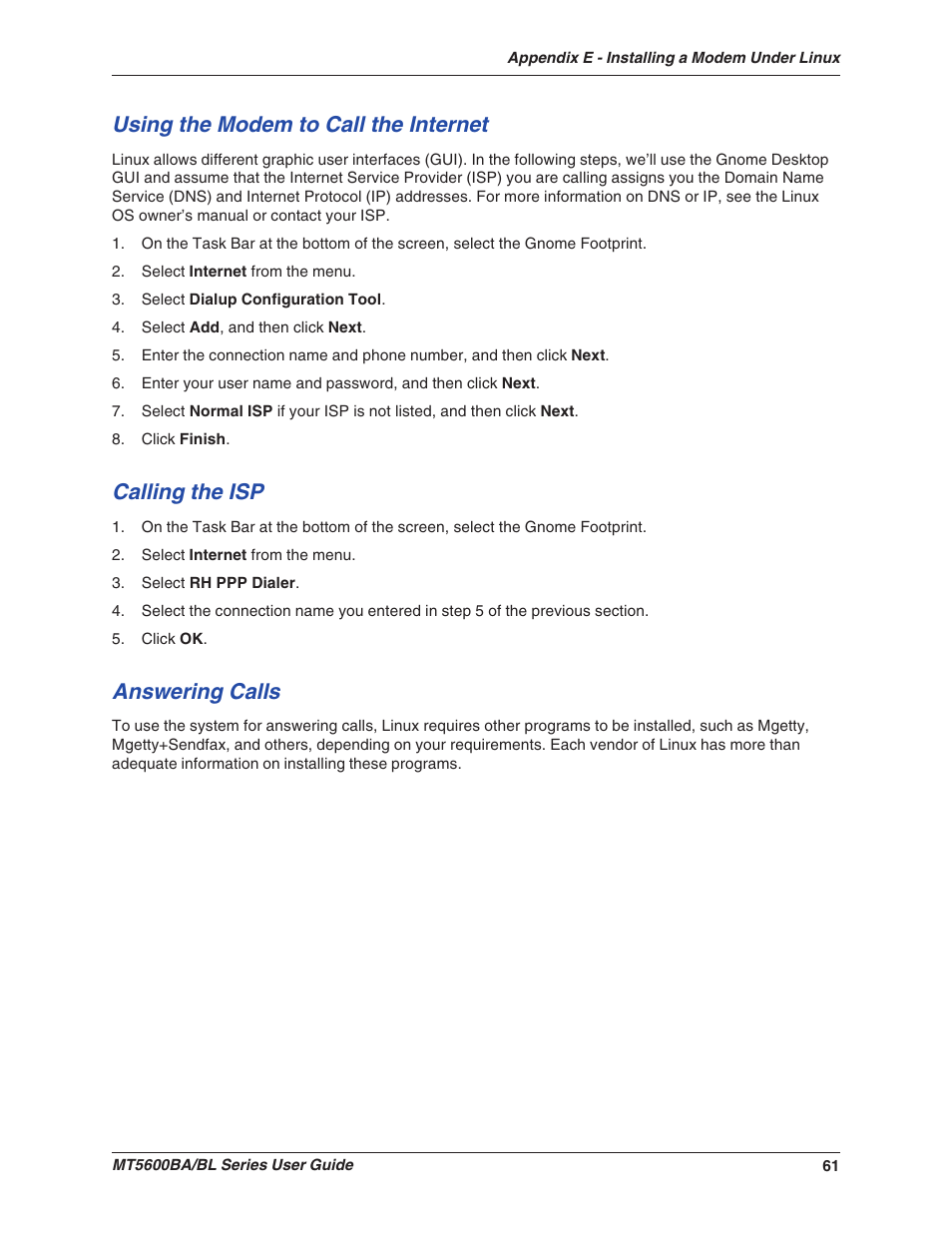 Using the modem to call the internet, Calling the isp, Answering calls | Multitech MULTIMODEMII MT5600BAV.90 User Manual | Page 61 / 66