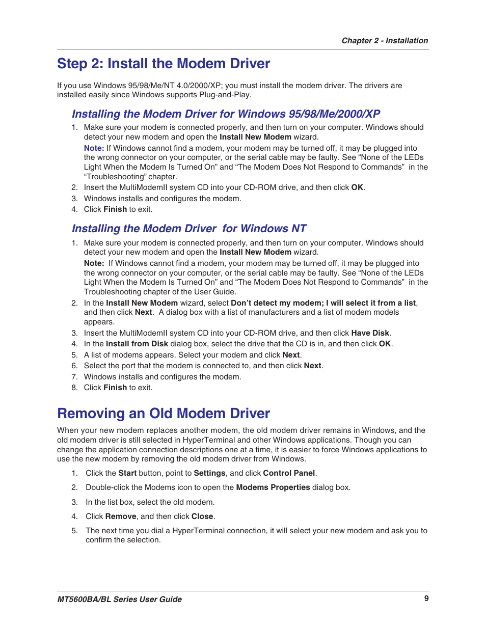Step 2: install the modem driver, Removing an old modem driver, Installing the modem driver for windows nt | Multitech MULTIMODEMII MT5600BAV.90 User Manual | Page 9 / 66